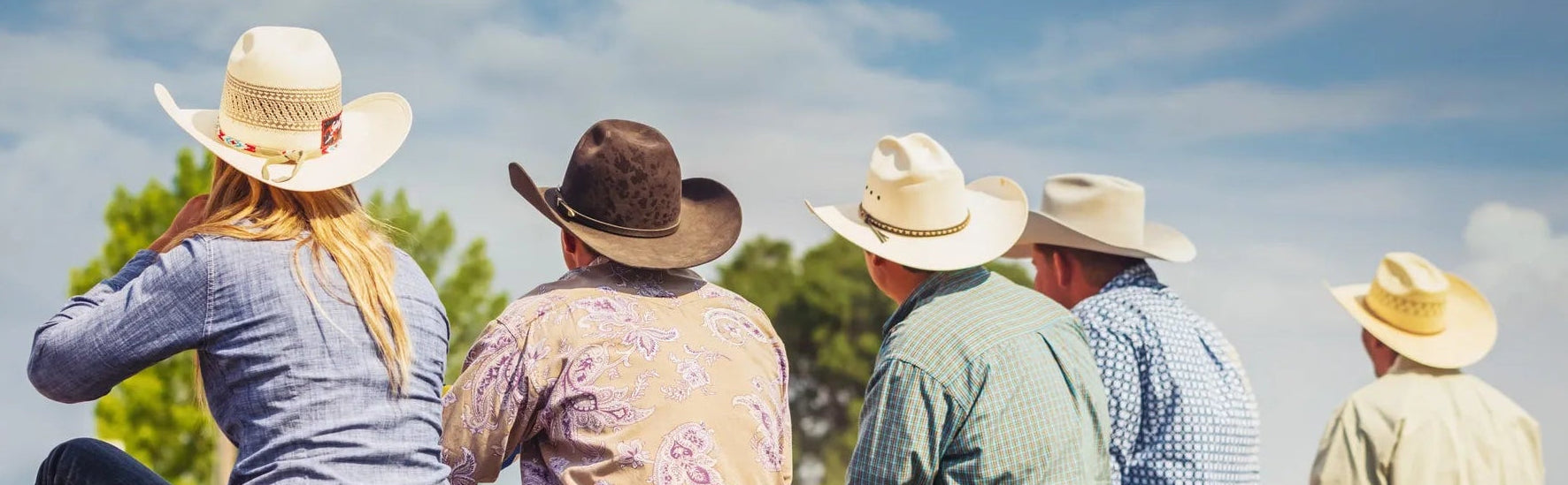 Five people wearing cowboy hats sitting on a fence with a scenic background